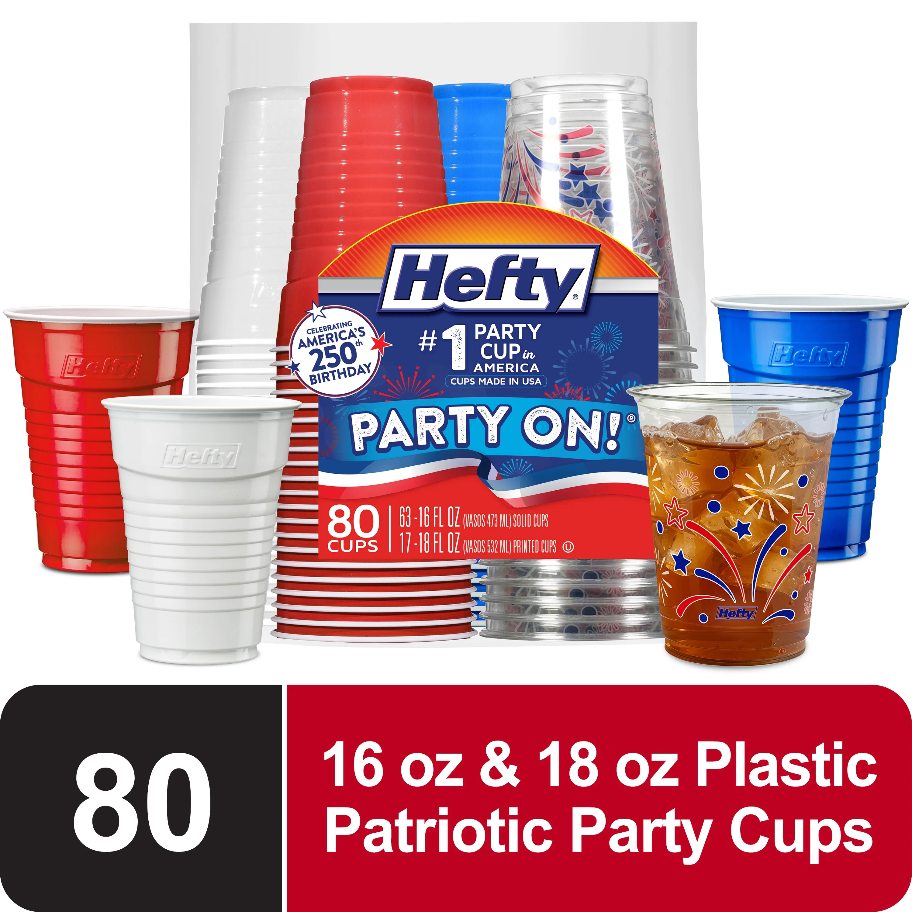Hefty Party On Disposable Plastic Party Cups, Patriotic Assorted Colors and Festive Print, 16 oz.... | Walmart (US)