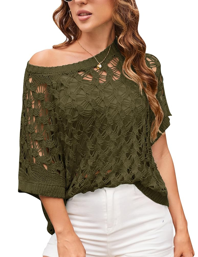 GRACE KARIN Women's 2025 Spring Summer Crochet Tops Scoop Neck Pullover Sweater Short Sleeve Off ... | Amazon (US)