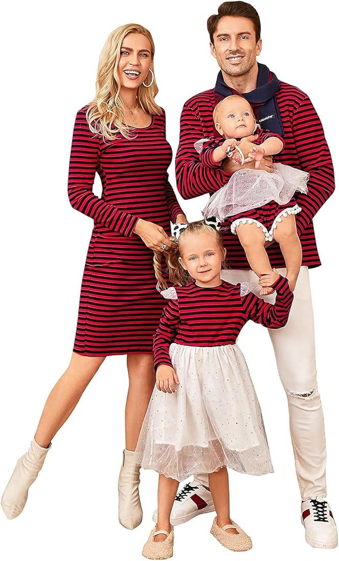 PopReal Family Matching Outfits Mommy and Me Dresses Striped Bodycon Long Sleeve T Shirt Dress | Amazon (US)