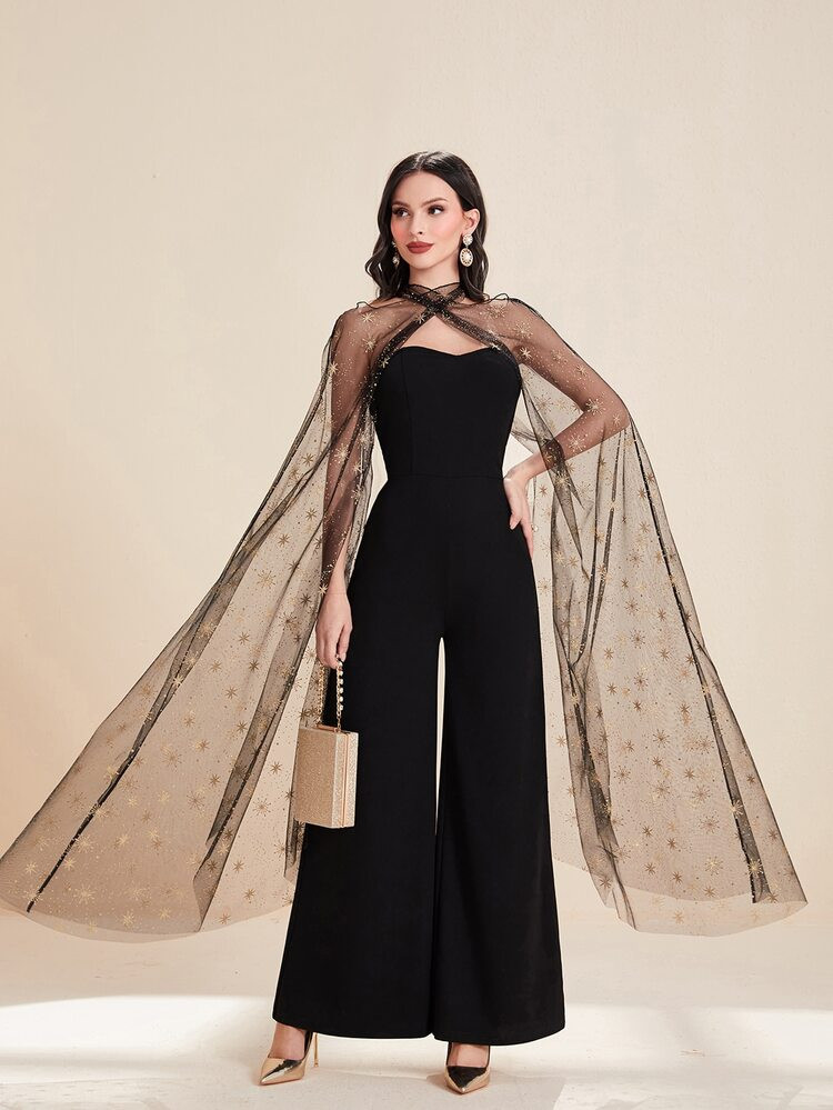 SHEIN Modely Star Print Contrast Mesh Cloak Sleeve Wide Leg Jumpsuit | SHEIN