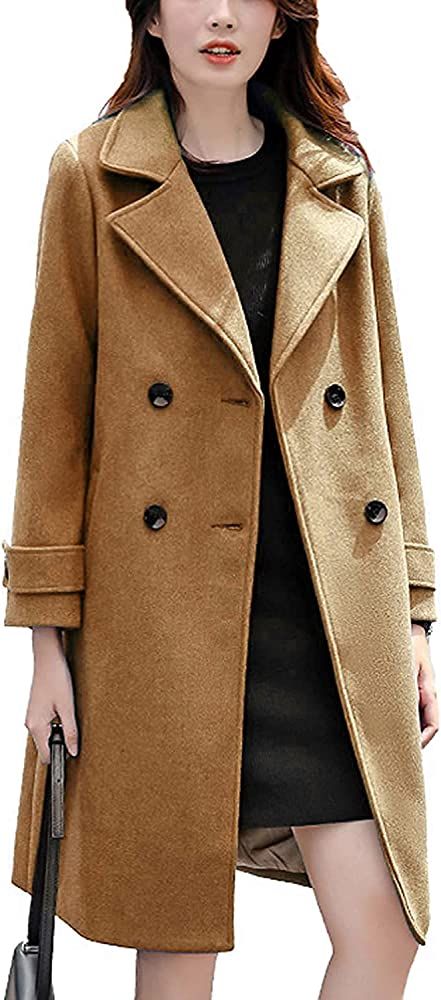 chouyatou Women's Essential Elegant Wear Double Breasted Mid Long Wool Pea Coat | Amazon (US)