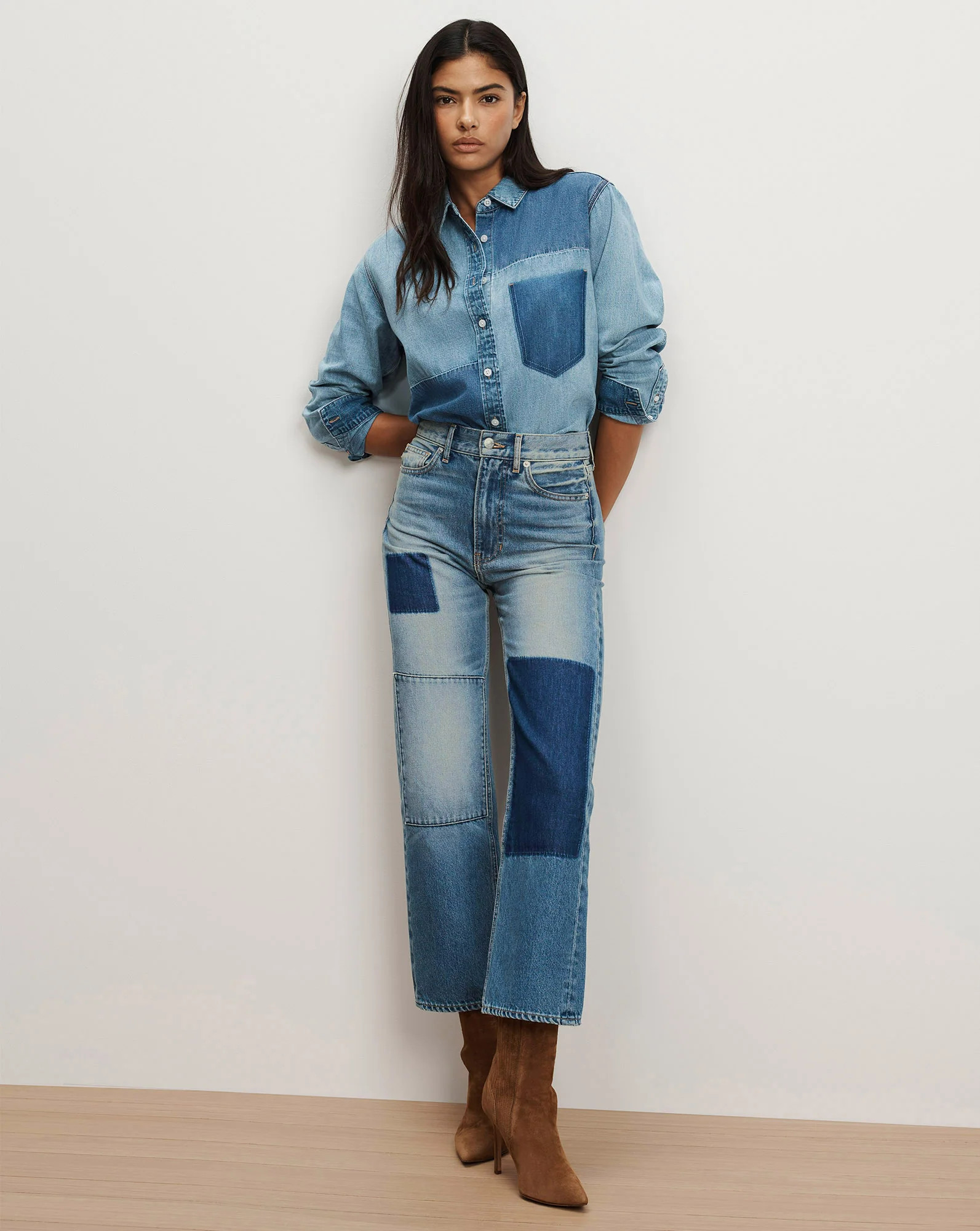 Dylan Patchwork Straight-Leg Jean in Time Lapse | Veronica Beard | Veronica Beard