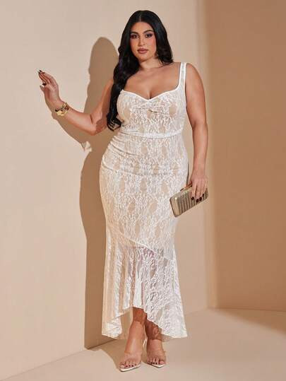 SHEIN BAE Plus Size Women's Elegant Lace Sweetheart Neck Fitted Mermaid Hem Dress, Suitable For Vacation, Date, Party,Spring Break Outfits Vacation Dresses Woman Curve Plus Size Crochet Dress | SHEIN