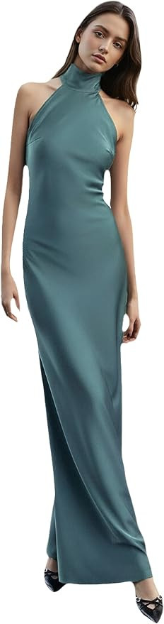 Women's Elegant Open Back Satin Halter Dress for Wedding Guest Evening Gown Party Cocktail Formal... | Amazon (US)