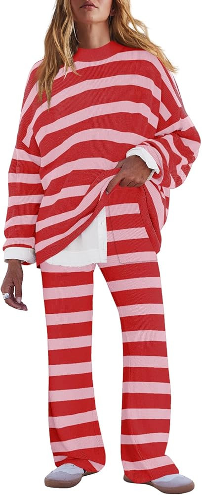 LAMISSCHE Oversized Womens Lounge Set Striped Sweater Set Long Sleeve 2 Piece Pajama Set Top and ... | Amazon (US)