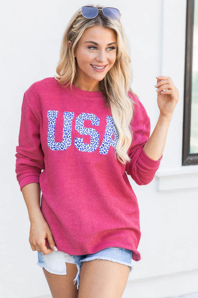 USA Leopard Red Corded Graphic Sweatshirt | Pink Lily