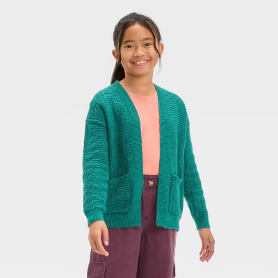 Girls' Long Open Cardigan - Cat & Jack™ Dark Green XS | Target