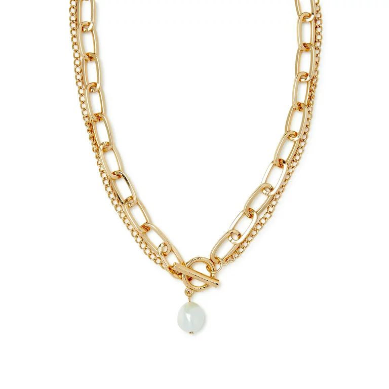 Scoop Women’s 14K Gold Flash-Plated Double Chain Link Faux Pearl Toggle Necklace, 18” + 2” ... | Walmart (US)
