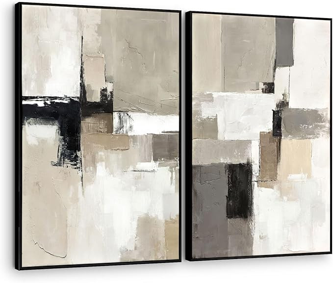Set of 2 Modern Neutral Abstract Wall Art – Framed Beige, Gray, and Black Canvas Paintings for ... | Amazon (US)