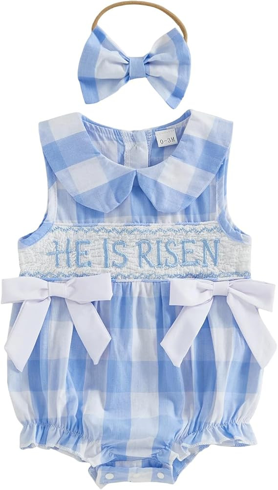 BULINGNA Baby Girl Easter Outfit He is Risen Smocked Romper Sleeveless Plaid Onesie with Headband... | Amazon (US)