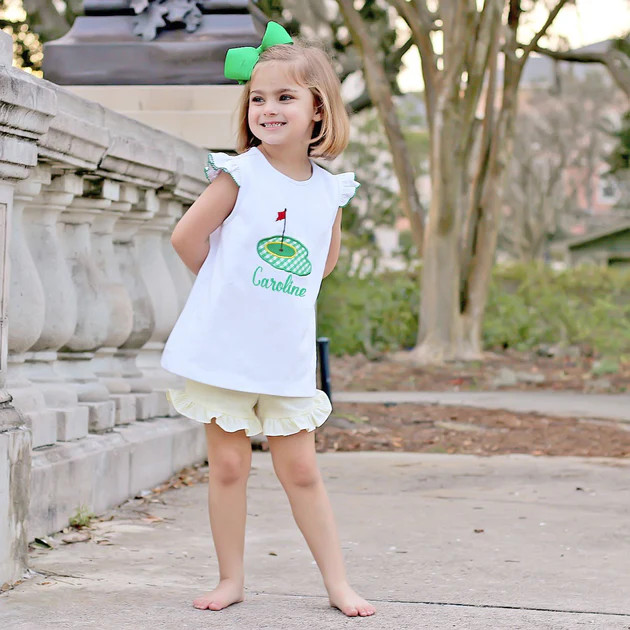 Girls Golf Pin Short Set Yellow Seersucker Knit | Classic Whimsy