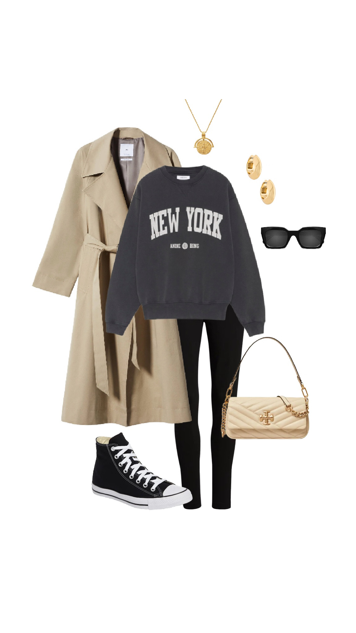 Casual weekend style for spring. NY sweatshirt, leggings, trench coat, black high top sneakers 

#LTKSeasonal #LTKunder100 #LTKstyletip