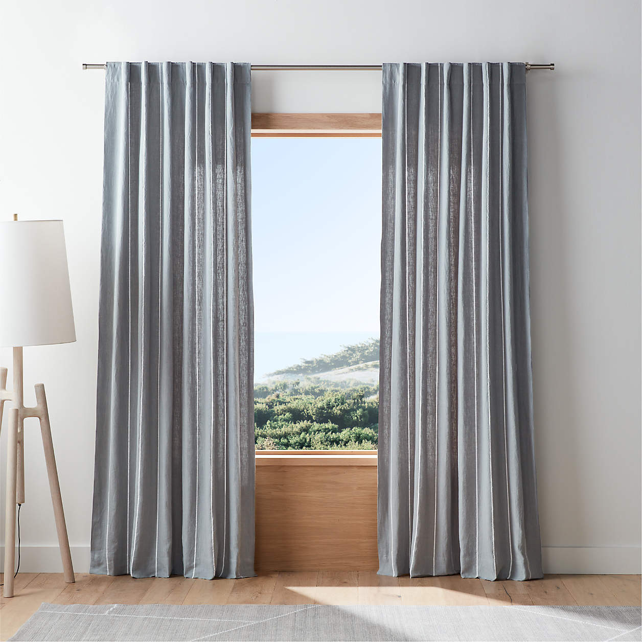 Storm Grey & Crisp White Linen Double Pinstripe Window Curtain Panel 52"x120" + Reviews | Crate &... | Crate & Barrel