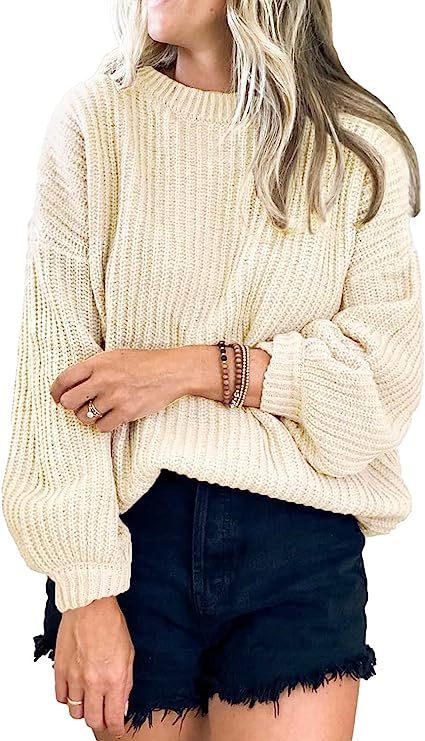 PRETTYGARDEN Women's Crew Neck Loose Drop Shoulder Lantern Sleeve Casual Solid Color Knit Pullove... | Amazon (US)