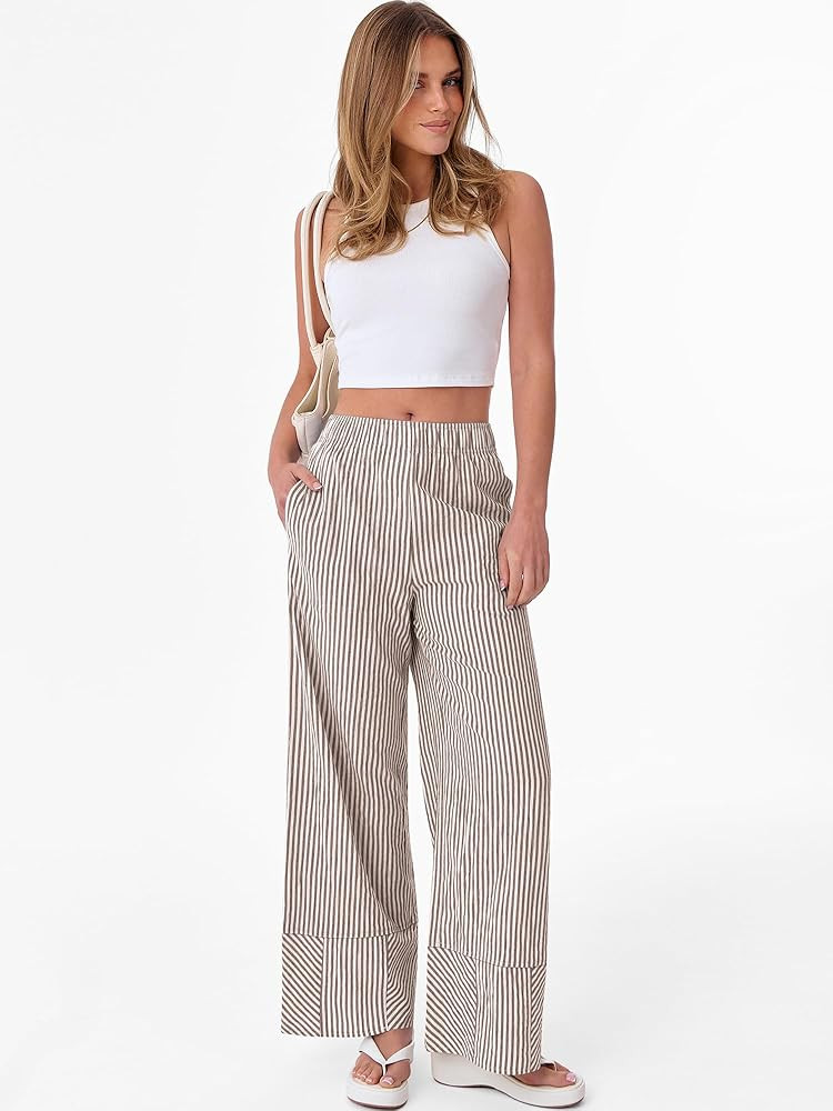 ANRABESS Womens Gingham Pants Checkered Plaid Striped Boxer Wide Leg Palazzo Pants Lounge PJ Bott... | Amazon (US)