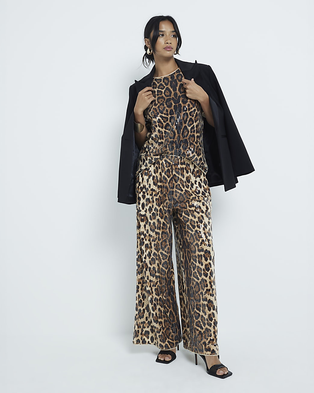Petite Brown Leopard Print Sequin T-Shirt | River Island UK & IE