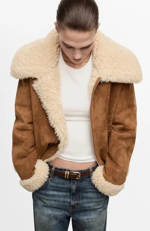 MANGO Adriana Faux Suede & Faux Shearling Trim Jacket in Brown at Nordstrom, Size X-Small | Nordstrom