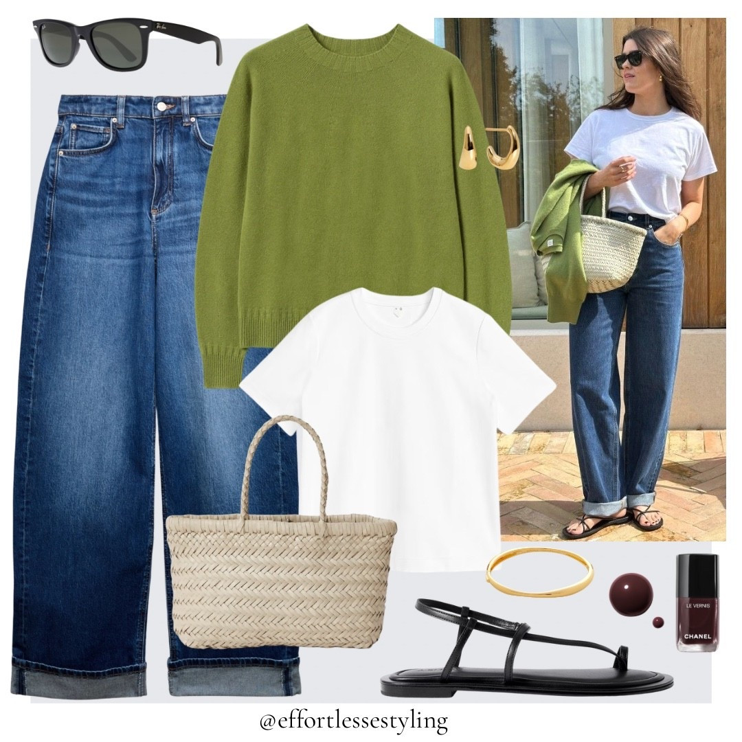 Casual Spring outfit. 

Green cashmere knit, white t-shirt, blue turn up jeans, off white woven leather bag, black minimal leather sandals, burgundy nail polish, gold bangle, gold hoop earrings, black wayfarer sunglasses. 

Exact knit: Toast 

#LTKspringtrends #LTKgrwm #LTKootd