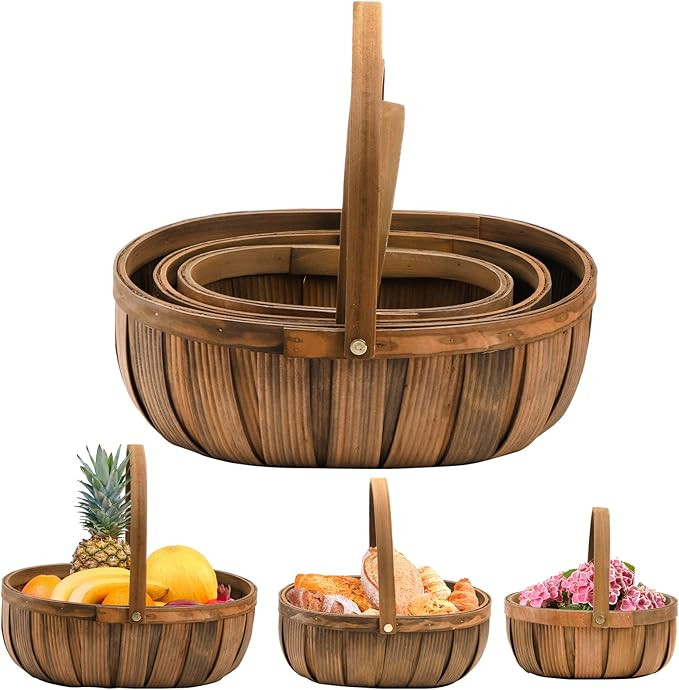 Lawei 3 Pack Wooden Bread Baskets, Wood Chip Picnic Basket with Handles, Handmade Woven Fruits Ve... | Amazon (CA)