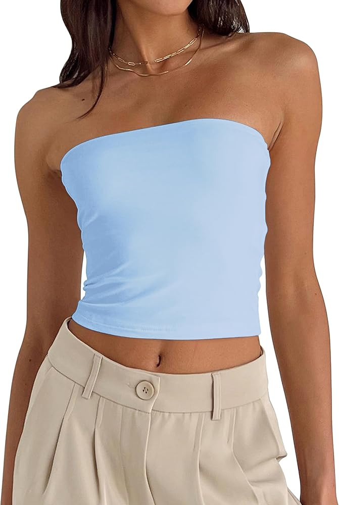 Women Basic Solid Crop Tube Top Sexy Off Shoulder Sleeveless Strapless Bandeau Slim Fit Crop Tops | Amazon (US)