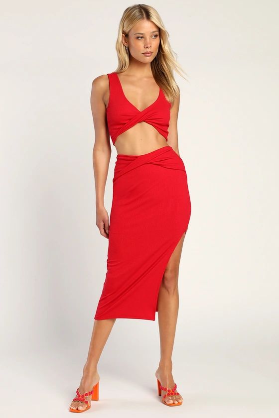 Make My Move Red Ribbed Twist-Front Two-Piece Midi Dress | Lulus