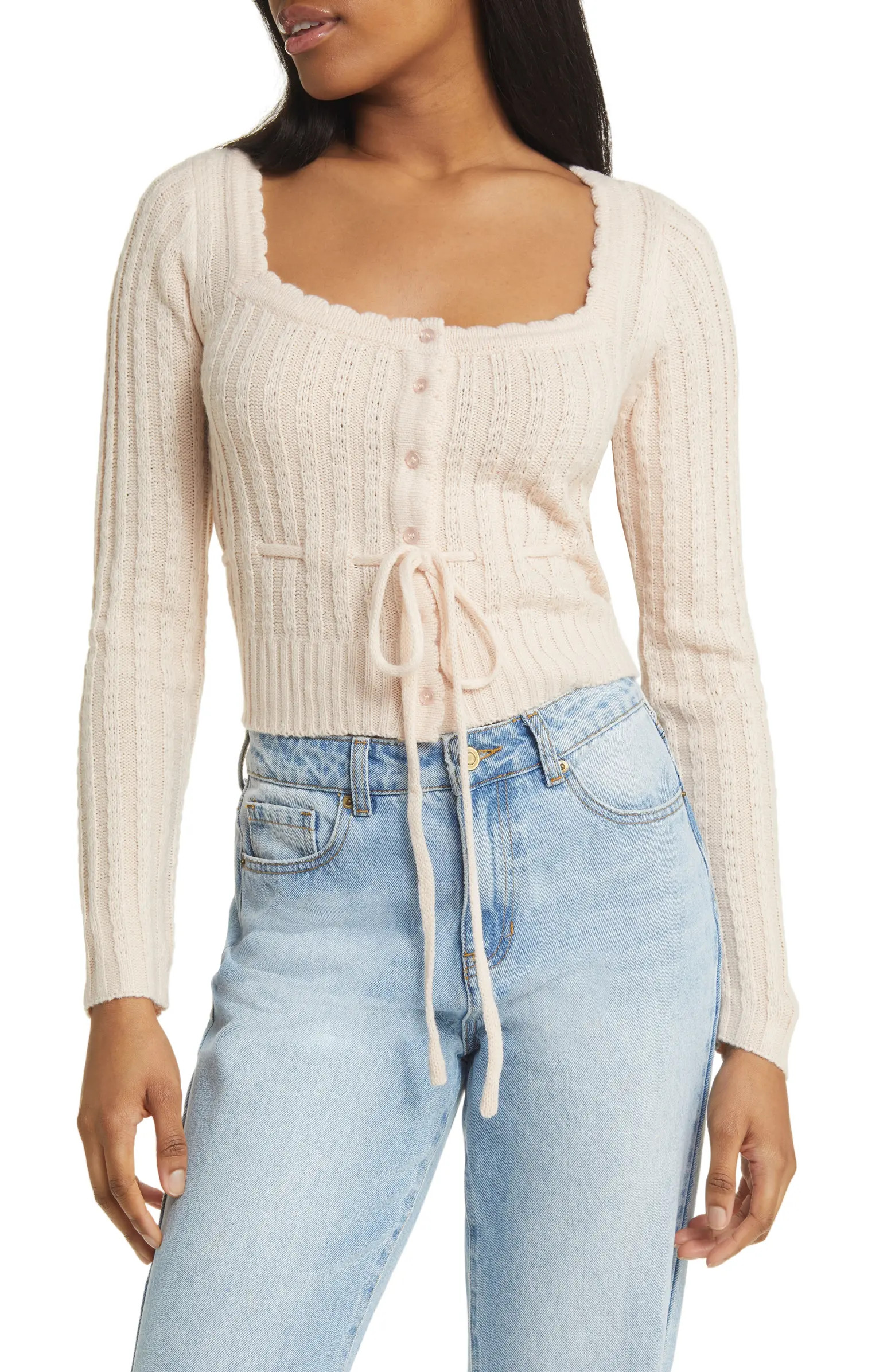 Drawstring Square Neck Cardigan | Nordstrom
