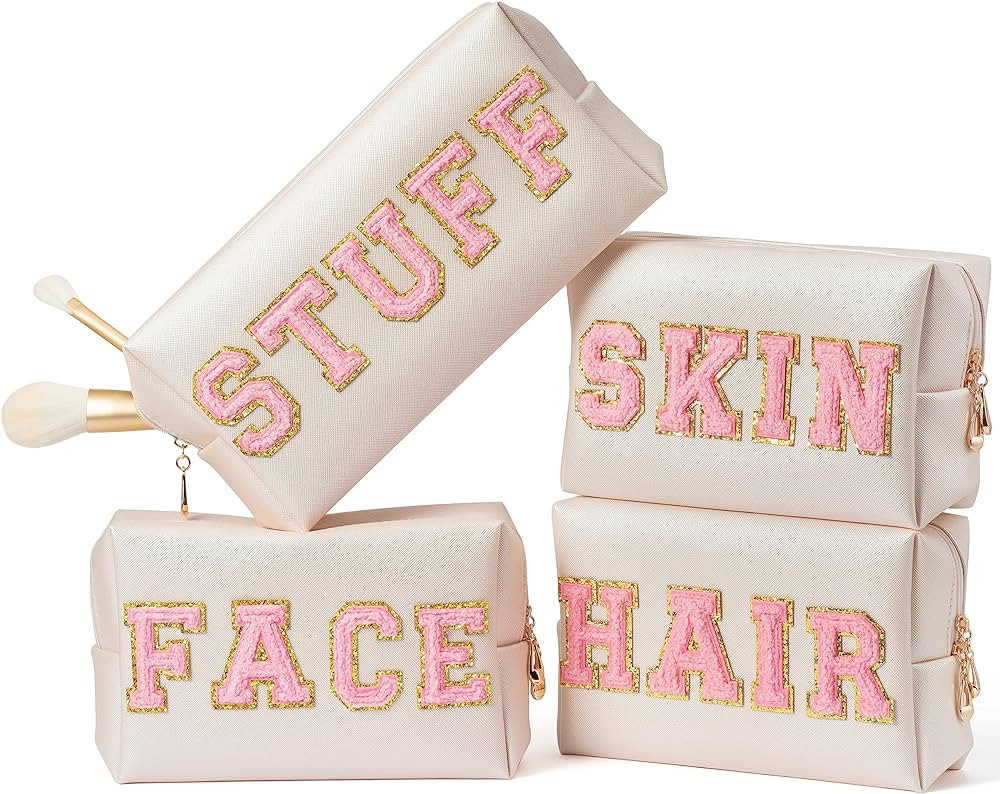 Y1tvei 4Pcs Preppy Patch Varsity Letter Makeup Bag Sewn with Pink Skin Hair Face Stuff Chenille L... | Amazon (US)