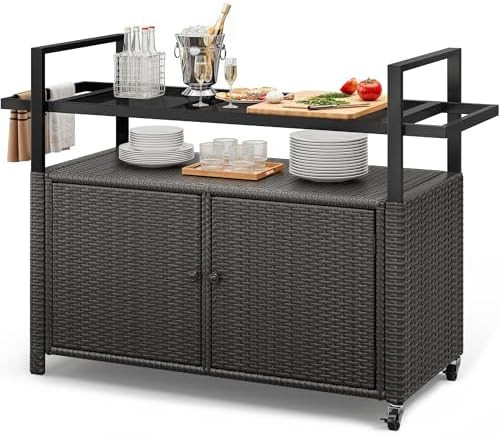 YITAHOME XL Outdoor Storage Cabinet, Outdoor Storage Cart with Wheels and Black Glass Table Top f... | Amazon (US)