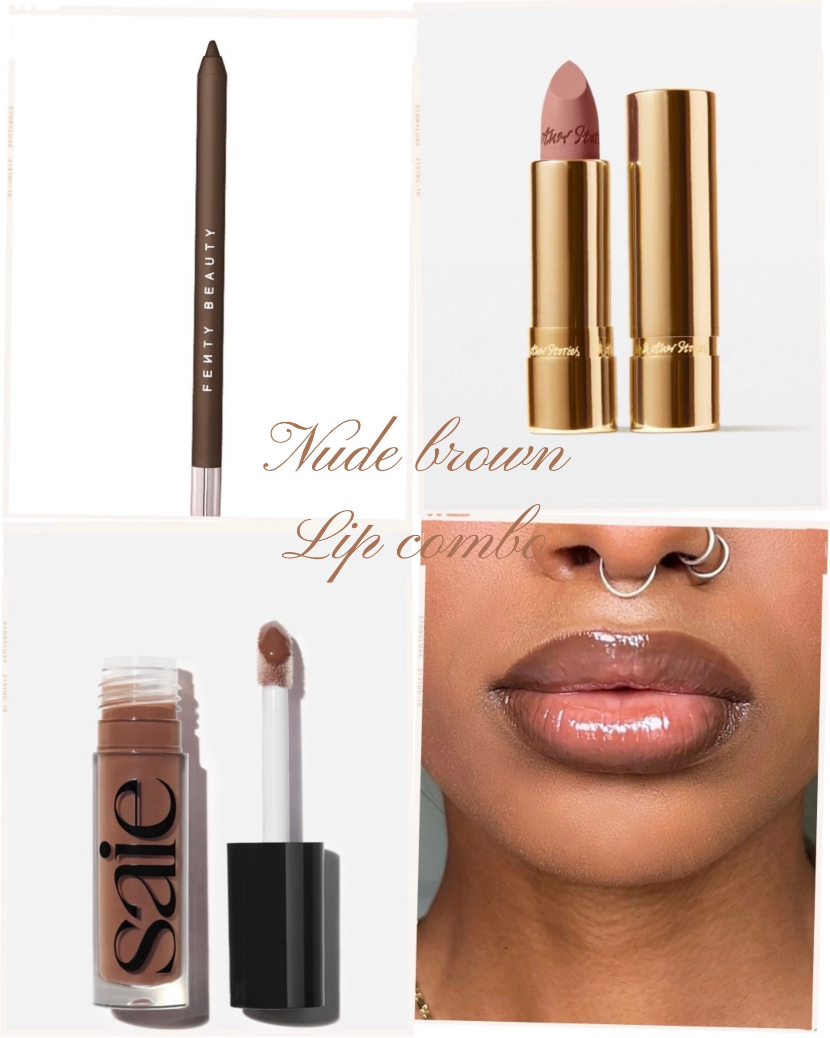 Nude brown lip combo
Lip liner: Fenty - I woodn’t
Lipstick: & Other Stories - Bare Biscotti
Gloss: Saie - Push

Brown lipgloss autumn lip combo nude brown makeup 

#LTKuk #LTKeurope #LTKbeauty