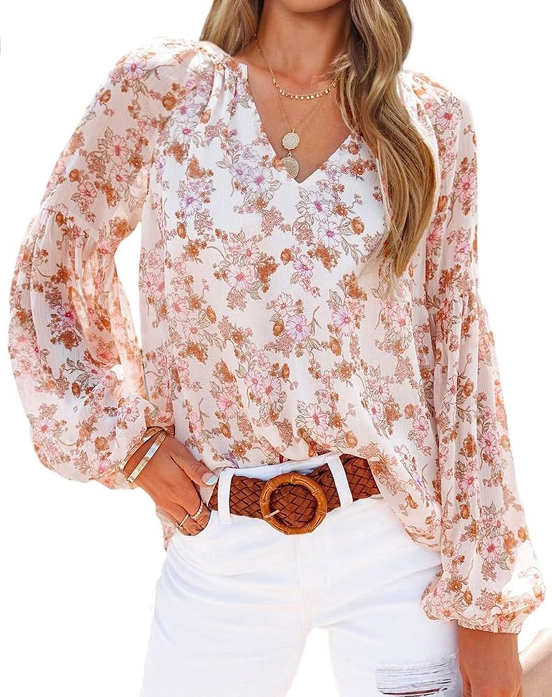 BTFBM Women Boho Floral Print Blouse Shirts V Neck Long Puff Sleeve Loose Lightweight Casual Chif... | Amazon (US)