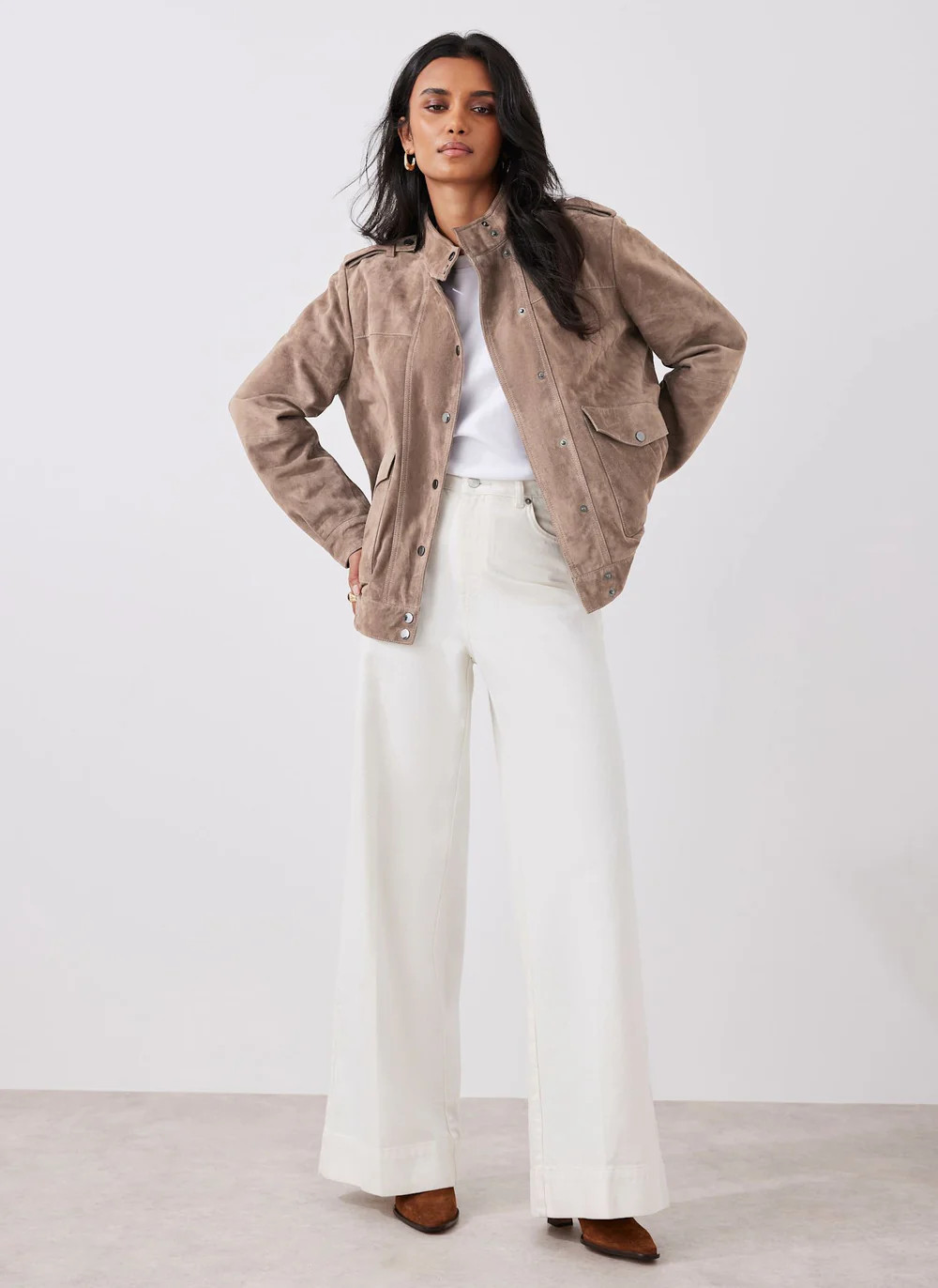 Neutral Suede Pilot Bomber Jacket | Mint Velvet