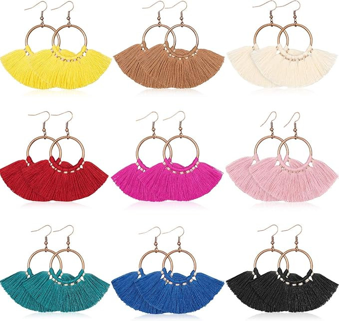 9 Pairs Statement Tassel Earrings Hoop Tassel Earrings Bohemian Handmade Dangle Ear Drops for Wom... | Amazon (US)
