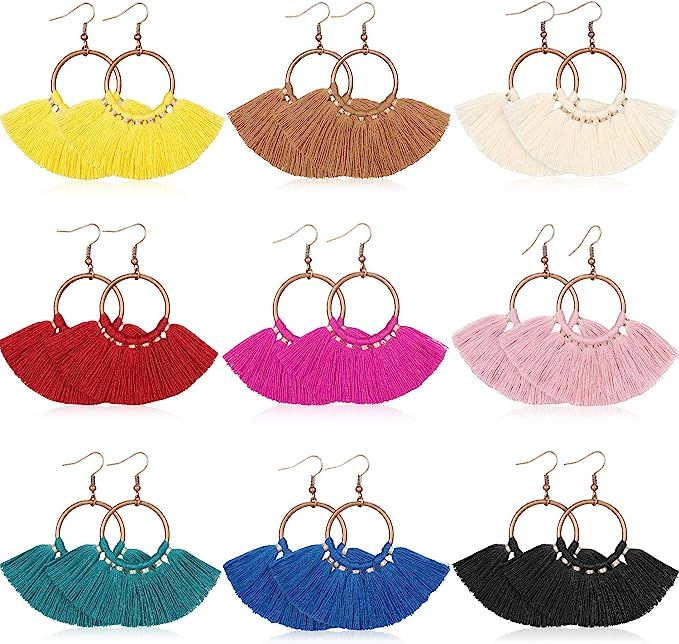 9 Pairs Statement Tassel Earrings Hoop Tassel Earrings Bohemian Handmade Dangle Ear Drops for Wom... | Amazon (US)