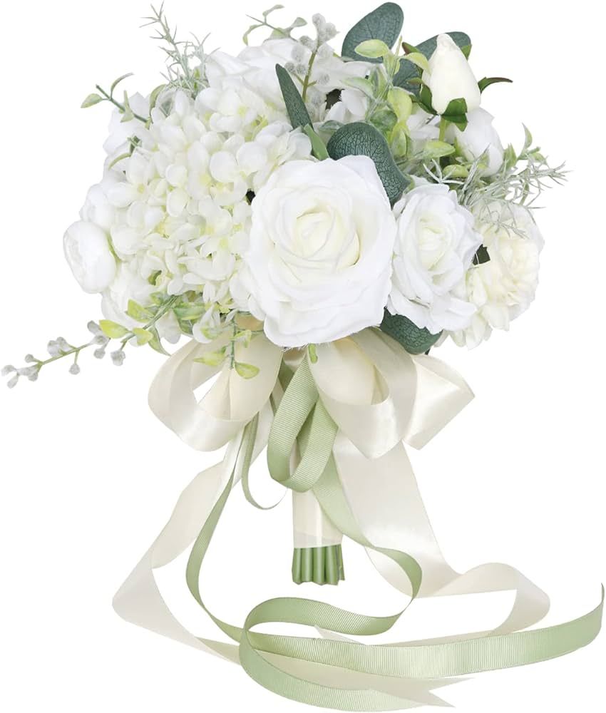 FEILUOYI Wedding Bridal Bouquet Bridesmaid Bouquet Artificial Wedding Bouquet White Rose, Church,... | Amazon (US)