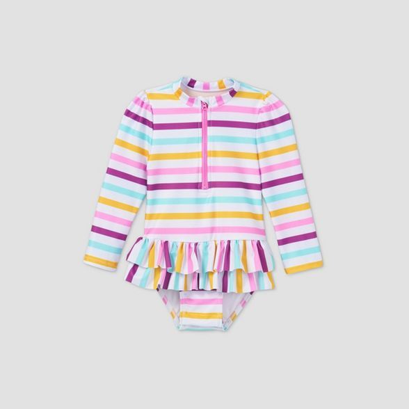Toddler Girls' Striped Front Zip-Up Skirted One Piece Rash Guard - Cat & Jack™ White | Target