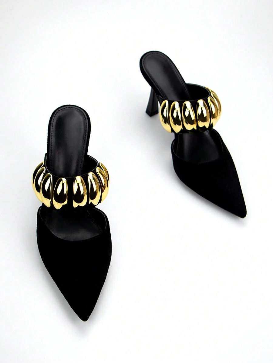 Women Fashionable Black Velvet Pointed Toe High-Heeled Mule Shoe With Gold Metal Buckle Decoratio... | SHEIN