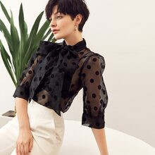 Tie Neck Polka Dot Flocked Organza Top | SHEIN
