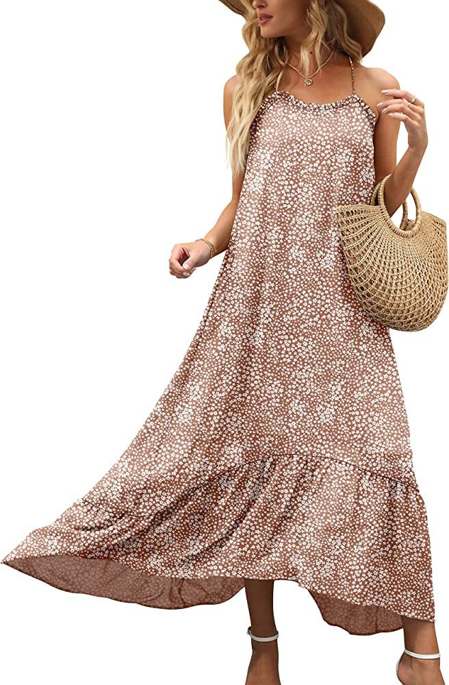 2023 Amazon Vacation Summer Dress Spaghetti Strap Print Flowy Beach Long Dress | Amazon (US)