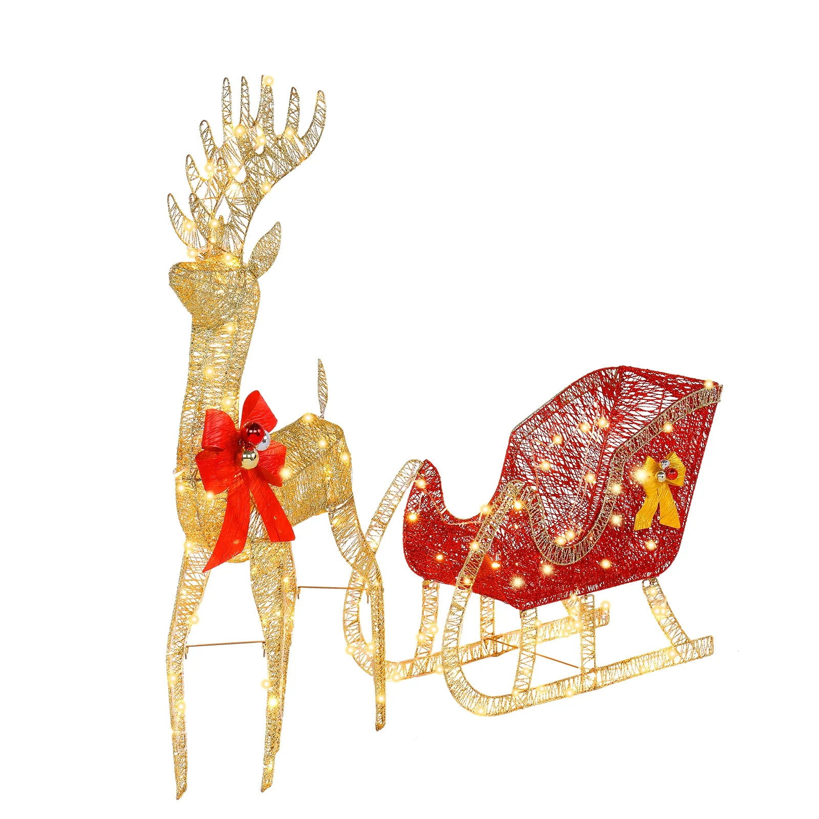 Ktaxon 3D Lighted Christmas 4ft Reindeer & Sleigh Set Outdoor Yard Decoration LED Lights - Gold | Walmart (US)