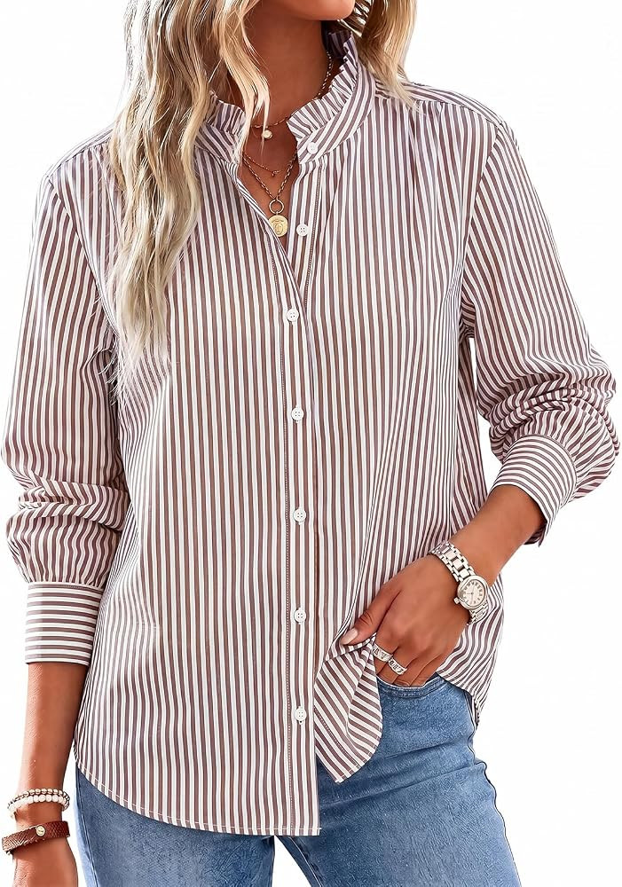 Cicy Bell Womens Oversized Button Down Shirts Long Sleeve Ruffle Collar Top | Amazon (US)