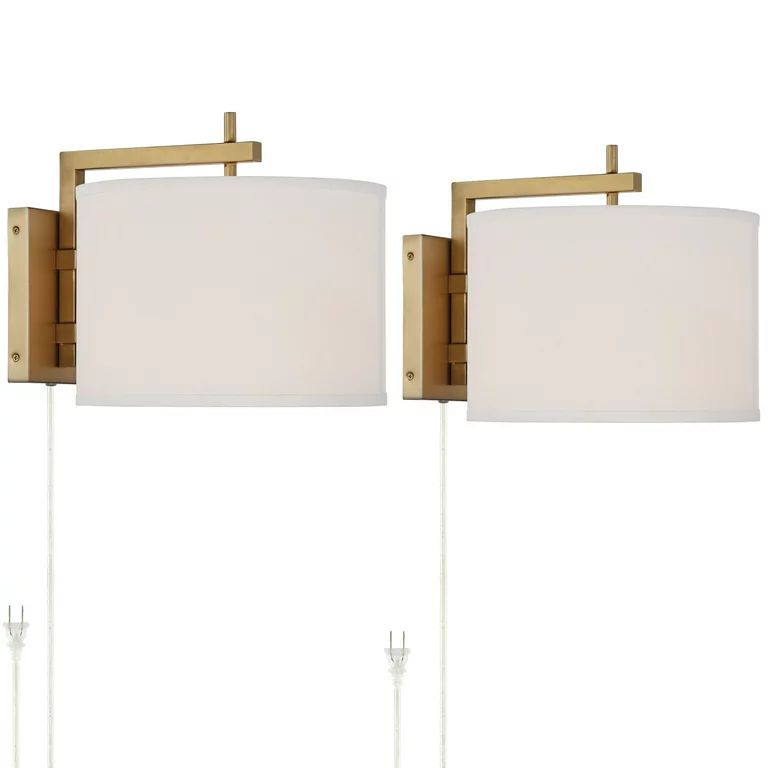 360 Lighting Adair Modern Wall Lamps Set of 2 Warm Brass Metal Plug-in 12" Light Fixture Linen Dr... | Walmart (US)