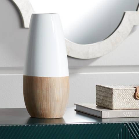 Sadria 12" High Shiny White and Matte Wood Ceramic Vase - #964G1 | Lamps Plus | Lamps Plus