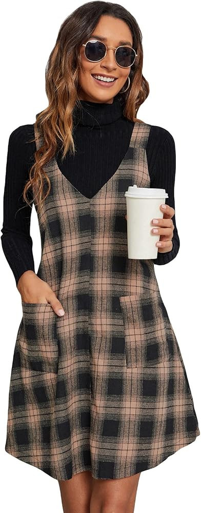 Milumia Women's Plaid V Neck Pinafore Overall Short Dress Losse Mini Jumper Dress with Pockets | Amazon (US)