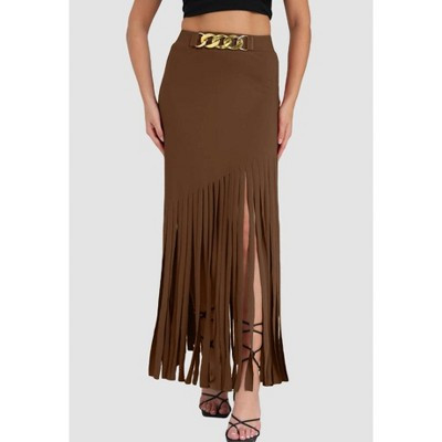 BLUEMING Womens Casual Western Cowgirl Fringe Maxi Skirt High Waist Country Concert Suede Dark Tassel Skirts, Brown - L | Target