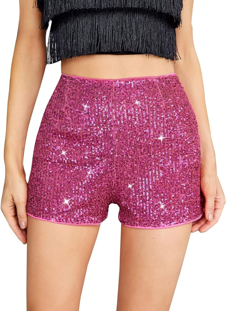 SweatyRocks Women's Sequins High Elastic Waist Straight Leg Shorts Solid Glitter Party Shorts | Amazon (US)