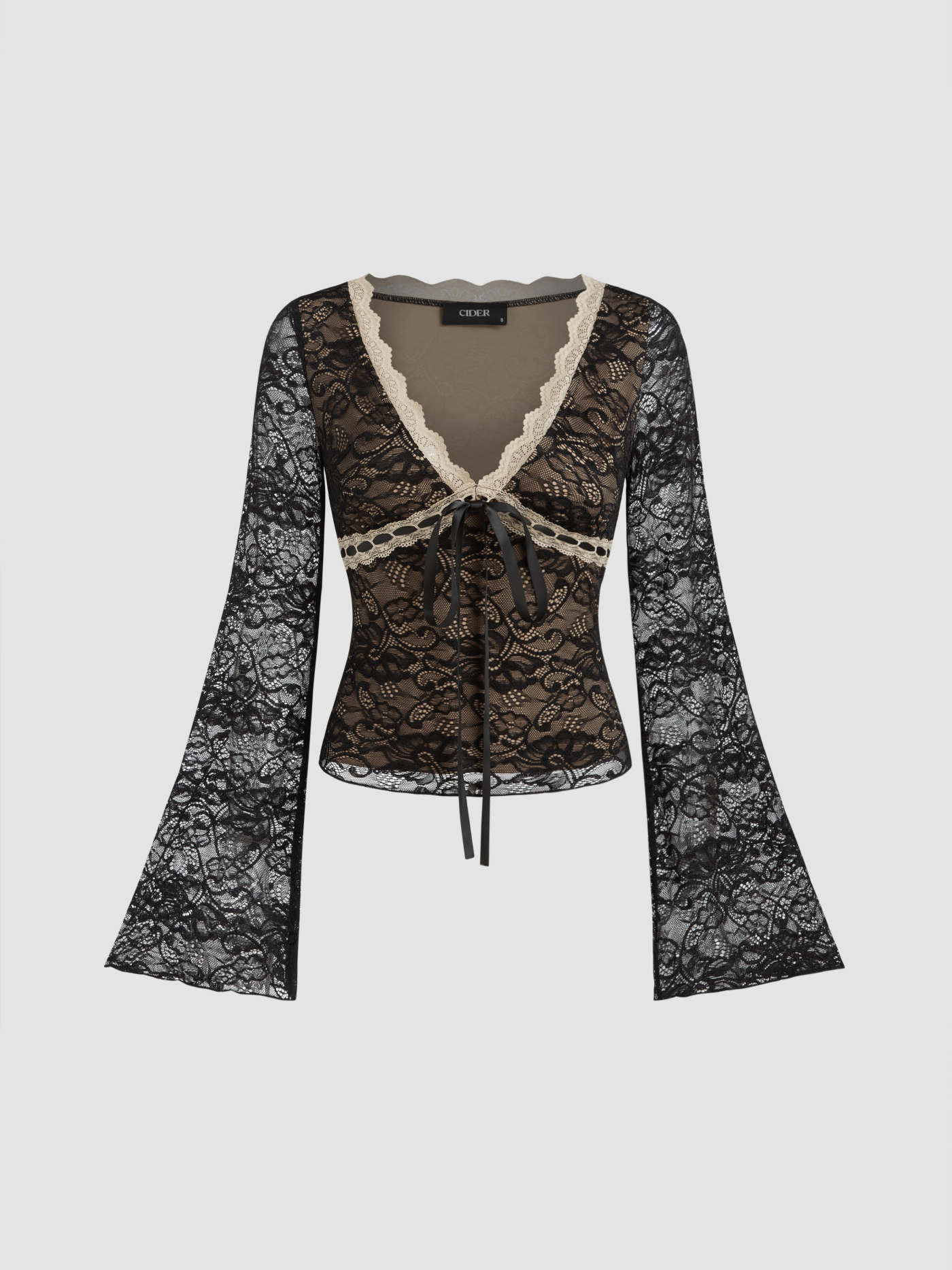 Lace V-neck Knotted Long Sleeve Top | Cider