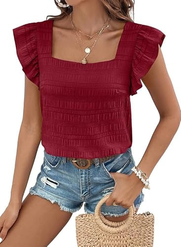 SHEWIN Women's Casual Summer Square Neck Tank Tops Sleeveless Ruffle Chiffon Blouses Top Shirts | Amazon (US)