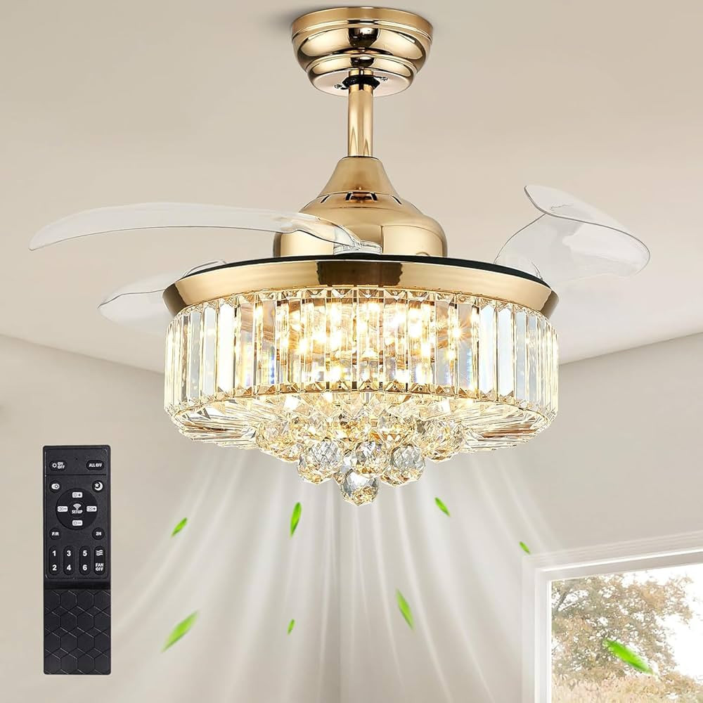 Amazon.com: Siljoy 36 Inch Gold Fandelier Ceiling Fan with Light, Crystal Ceiling Fan with Lights... | Amazon (US)