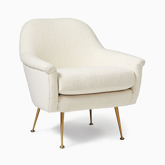 Phoebe Midcentury Chair, Poly, Chunky Boucle, White, Brass | West Elm (US)