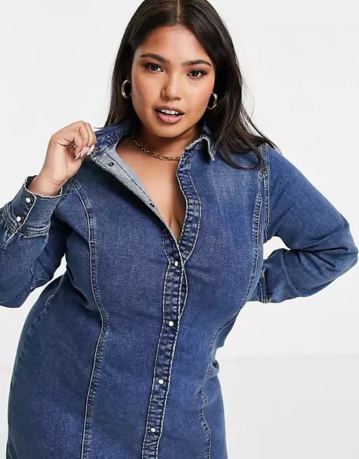 Vero Moda Curve denim shirt dress in blue | ASOS (Global)